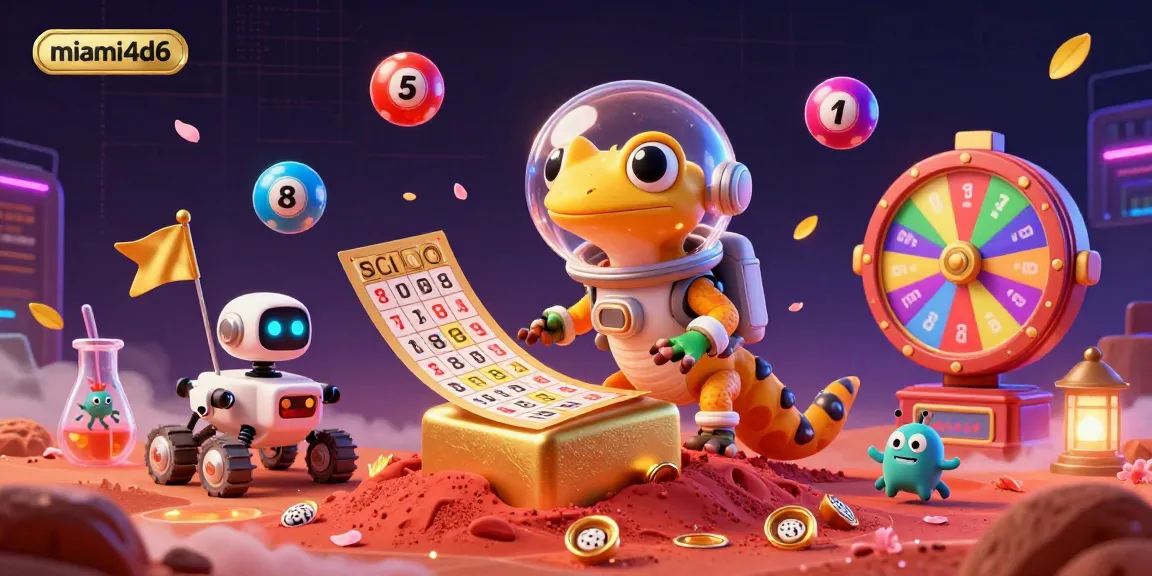 Excite players as miami4d6 reveals a vibrant casino scene with a Martian gecko and dynamic lottery elements.