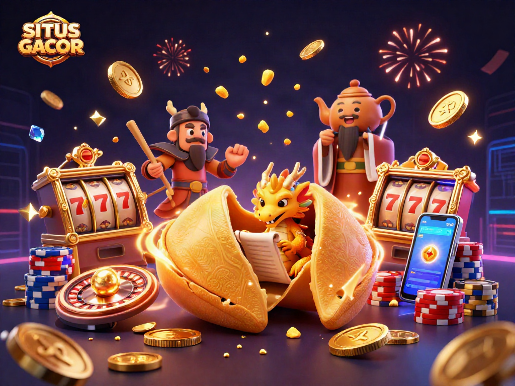 SITUS GACOR showcases epic casino action with golden coins, fortune cookies, and exciting slot reels