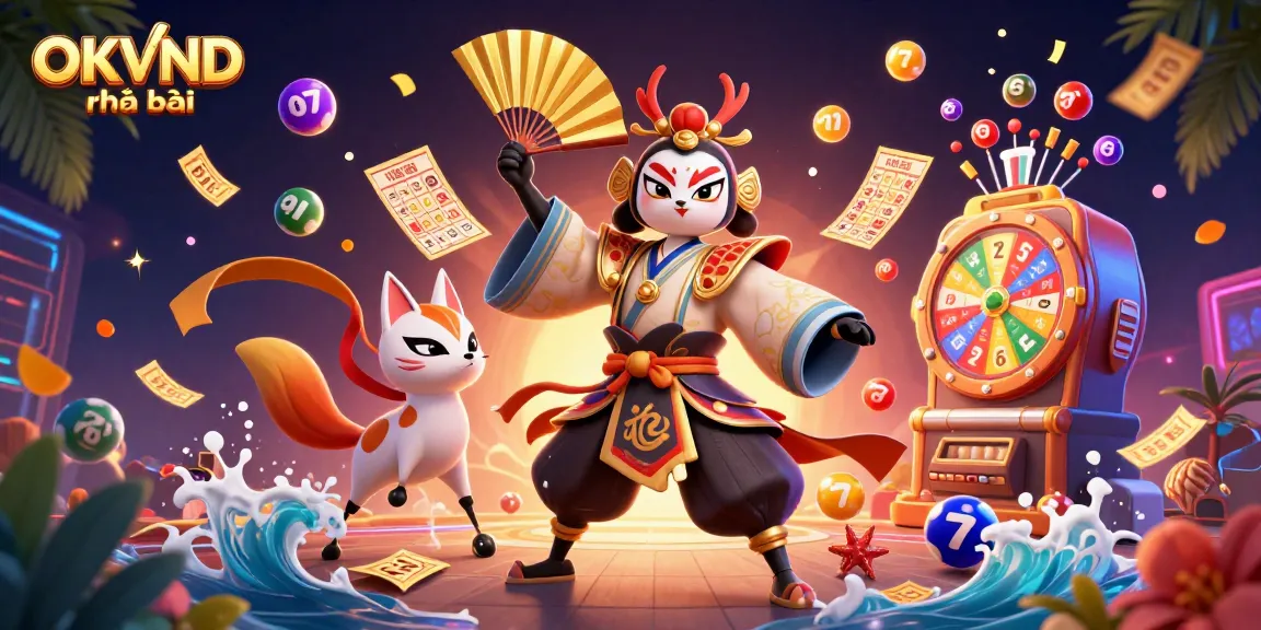 Play exciting games at OKVND nhà cái with golden fans, vibrant lottery balls, and engaging casino elements.