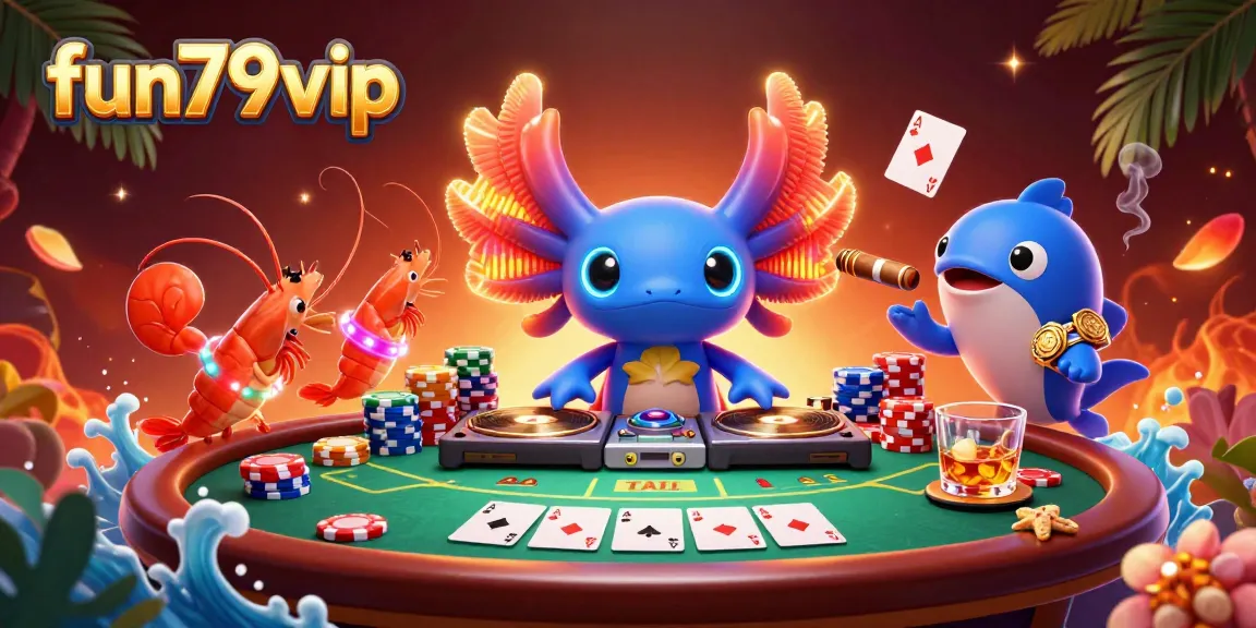Experience fun79vip with vibrant 3D illustration featuring a DJ axolotl, poker elements, and lively underwater scene.