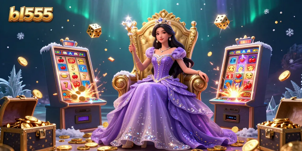 Win big at bl555 with a vibrant 3D illustration showcasing a casino princess surrounded by gaming excitement.