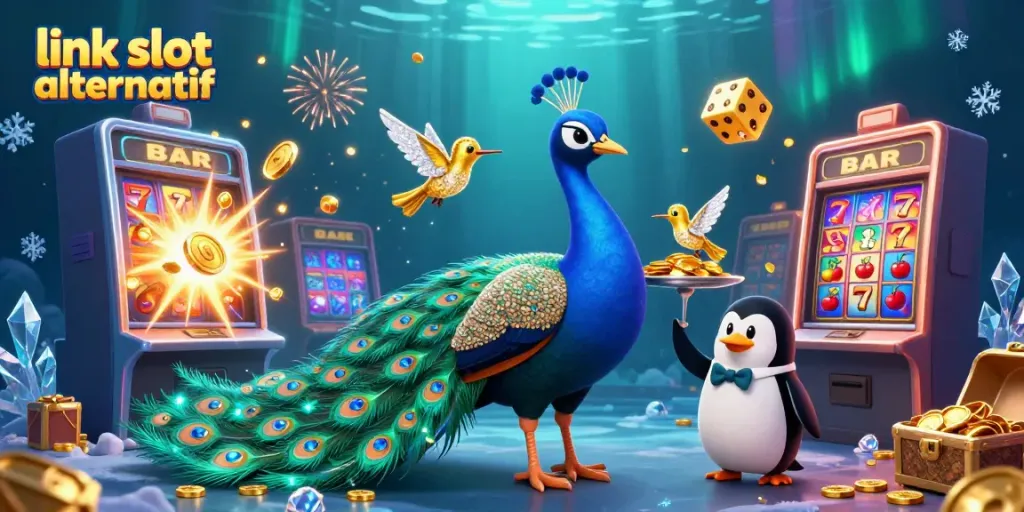 Menghadirkan link slot alternatif di dunia perjudian online dengan ilustrasi karakter menarik dan mesin slot penuh keajaiban.