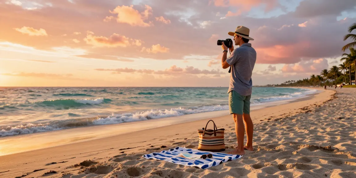 Pengunjung pantai di https://miami4d.com/ menikmati matahari terbenam di Miami dengan kamera dan alat pantai.