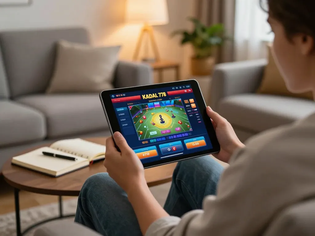 KADAL 778 player engaging in online casino gaming strategy on tablet in cozy living room.