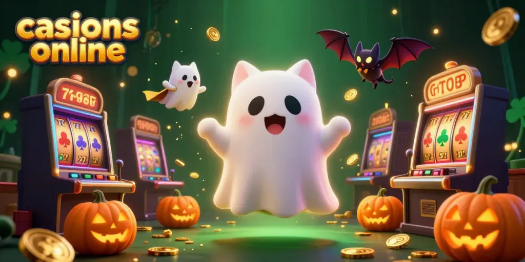 Disfruta de casinos online con un gato fantasma y un murciélago en un entorno de tragamonedas.