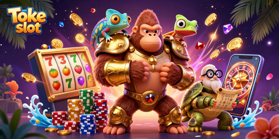 Toke slot action featuring a gorilla king, chameleon, and tortoise amidst colorful casino elements for an engaging experience.