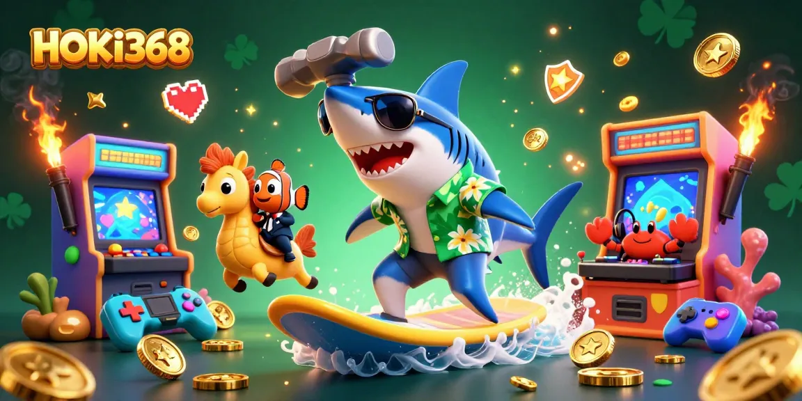 Experience thrilling fun with HOKI368 as a shark surfs gold coins, enhanced by gaming elements.