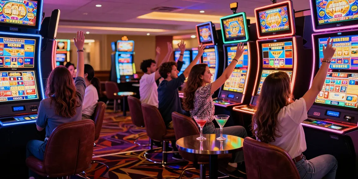 Slot jackpot besar saat teman merayakan kemenangan di kasino.