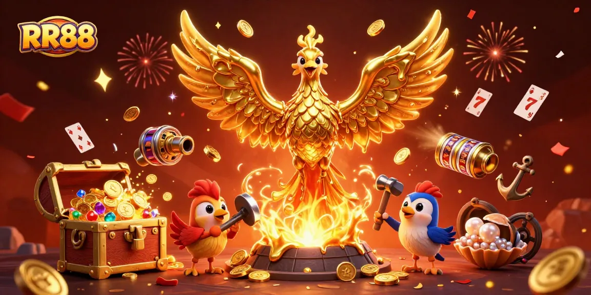 Experience exhilarating wins at RR88 with a molten golden phoenix and vibrant casino elements.