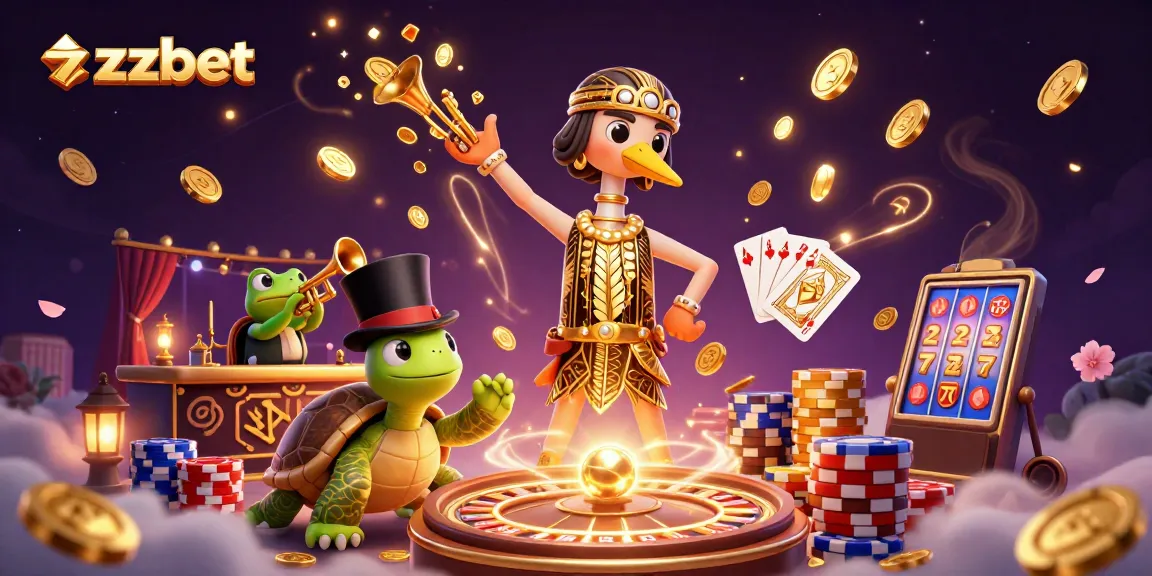Ganhe com zzzbet em uma ilustração vibrante de cassino com personagens divertidos e elementos de jogo.