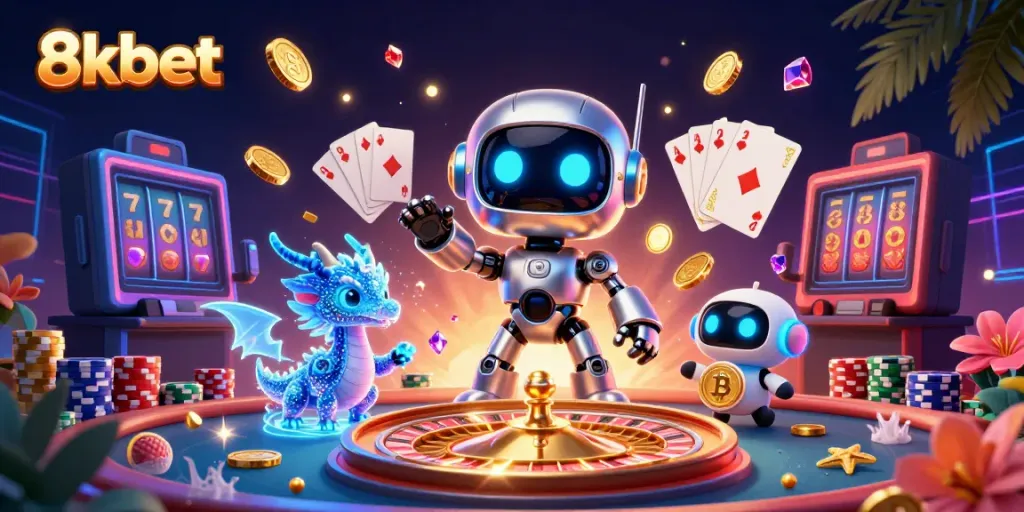 Experience the excitement of 8kbet with a dynamic casino scene featuring a cyberpunk robot, AI dragon, and bitcoin drone.