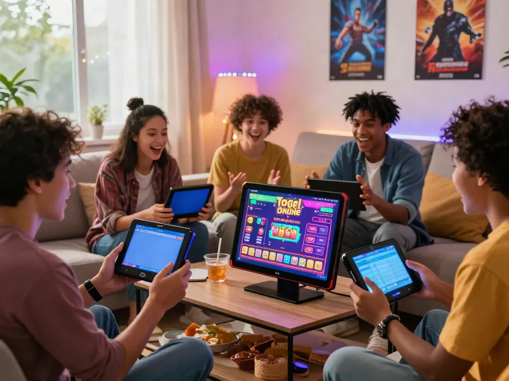 Friends enjoying an exciting unsurtoto gaming session in a lively living room.