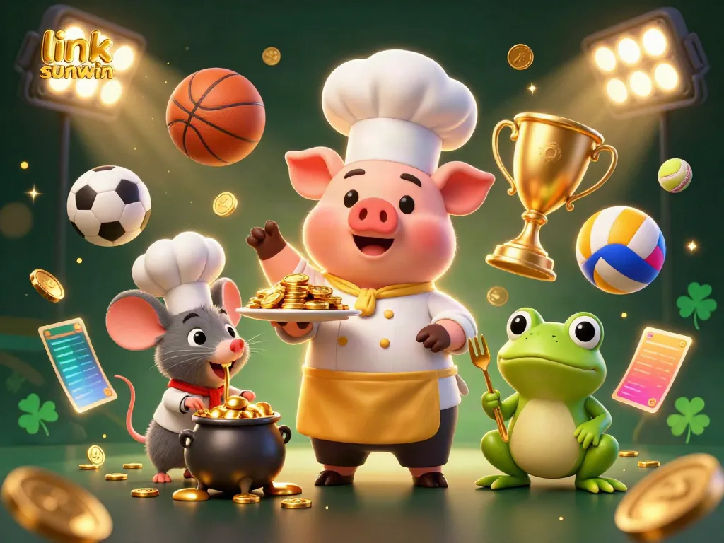 Experience the thrill of gaming with link sunwin as a chef pig serves gold coins amidst sports elements.