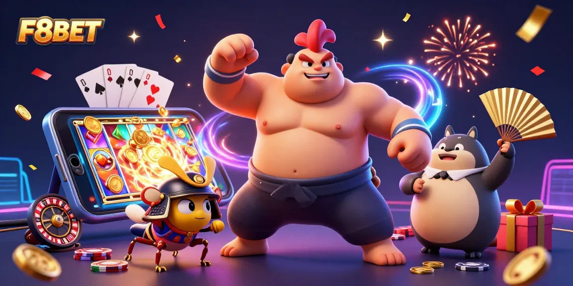 Experience thrilling gaming with F8BET featuring a sumo wrestler rooster and samurai cricket in a vibrant casino scene.