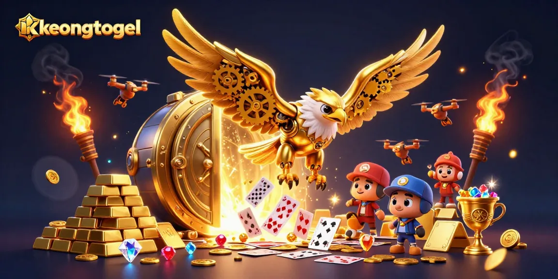 Engage with keongtogel's vibrant casino scene featuring a cybernetic eagle amid treasures and playing cards.
