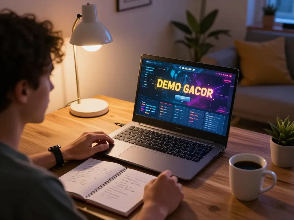 Player enjoying a thrilling Demo Gacor session on a laptop, surrounded by cozy home decor.