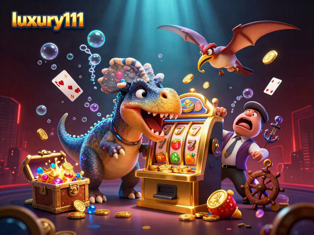 luxury111 unleashes excitement as dinosaurs interact with a golden slot machine, showcasing vibrant gaming elements.