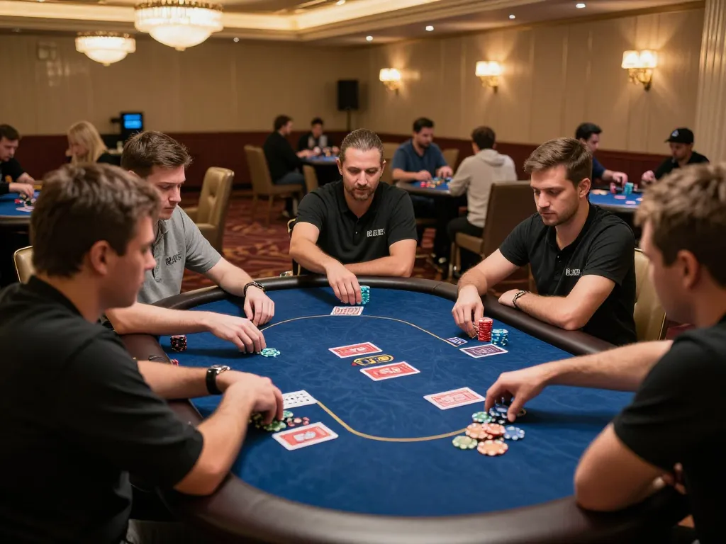 Players at a poker table focused on their game strategies at 58wiin casino venue.