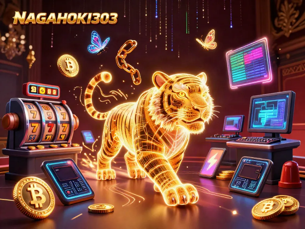 Gambaran NAGAHOKI303 dengan harimau neon berenergi, slot, dan cryptocurrency yang bersinar.