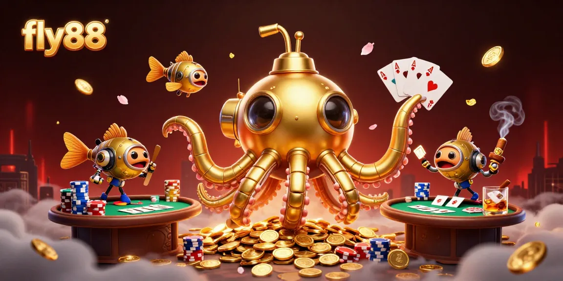 Engage in thrilling poker action with fly88, featuring a vibrant kraken submarine amidst golden coins.