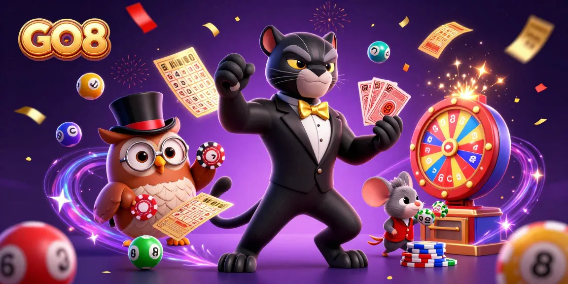 GO8 players winning big at a 3D casino with vibrant lottery balls and exciting game elements.