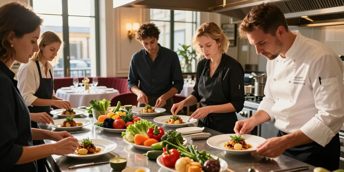 Interns in France gaining hands-on experience in a vibrant hotel kitchen, preparing French dishes under expert guidance.