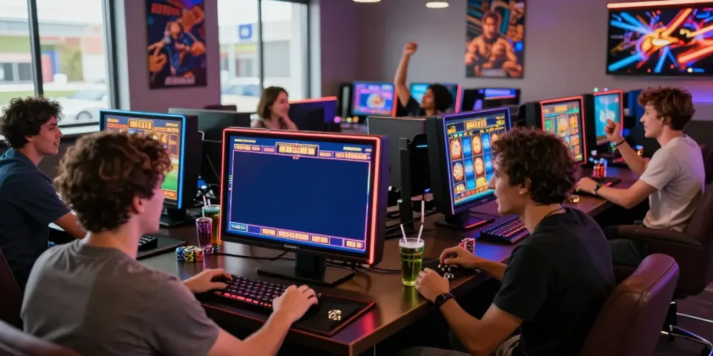 Exciting online gaming experience with players engaged in akunjp slot games in a lively lounge atmosphere.