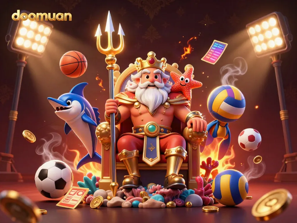 Dive into the exciting world of doomuan sports betting with this immersive 3D illustration showcasing dynamic game elements and prizes.