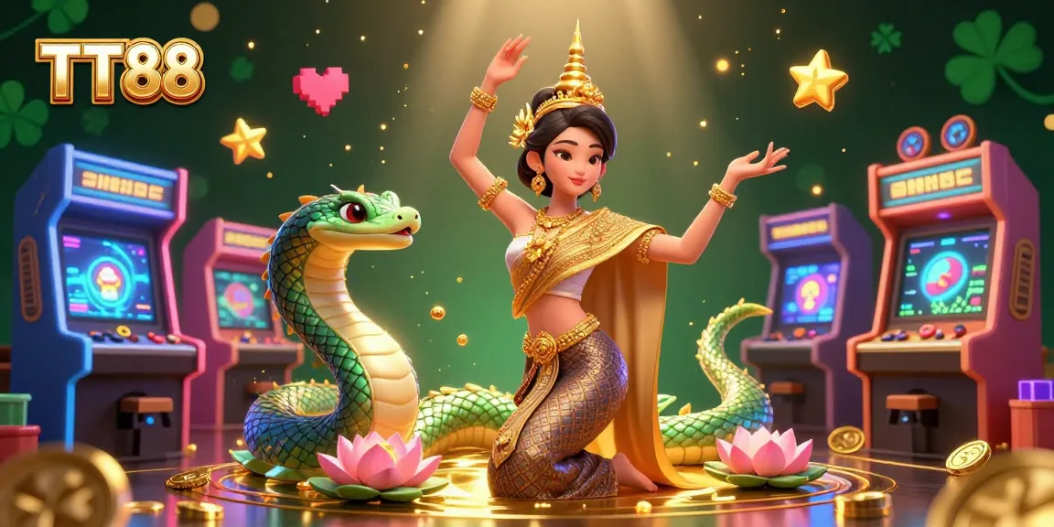Experience the excitement of playing at TT88 with a captivating 3D illustration of traditional dancers, game elements, and casino glamour.