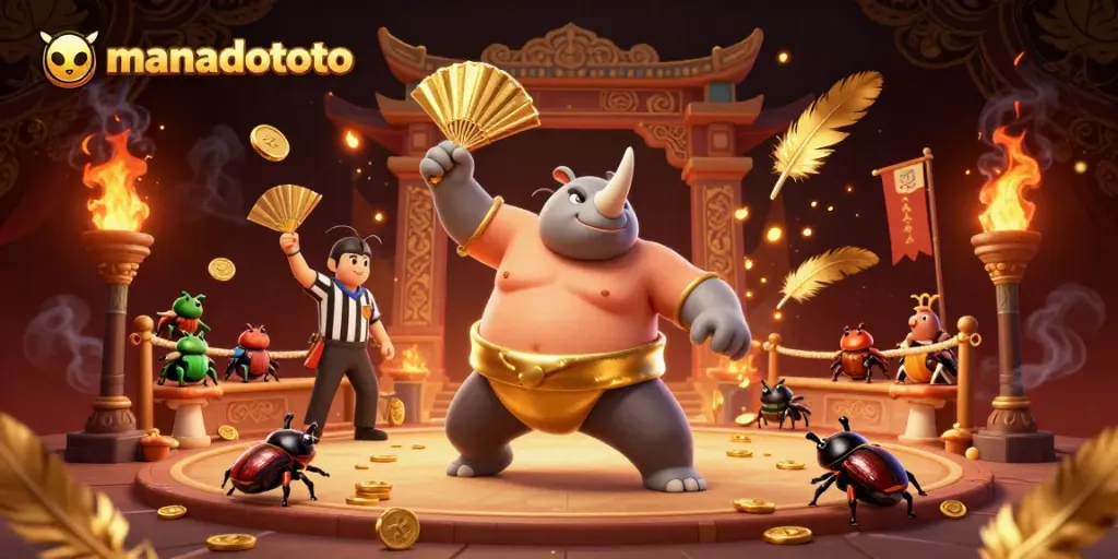 Experience the excitement of manadototo with a sumo champion beetle stomping coins and a cricket referee.