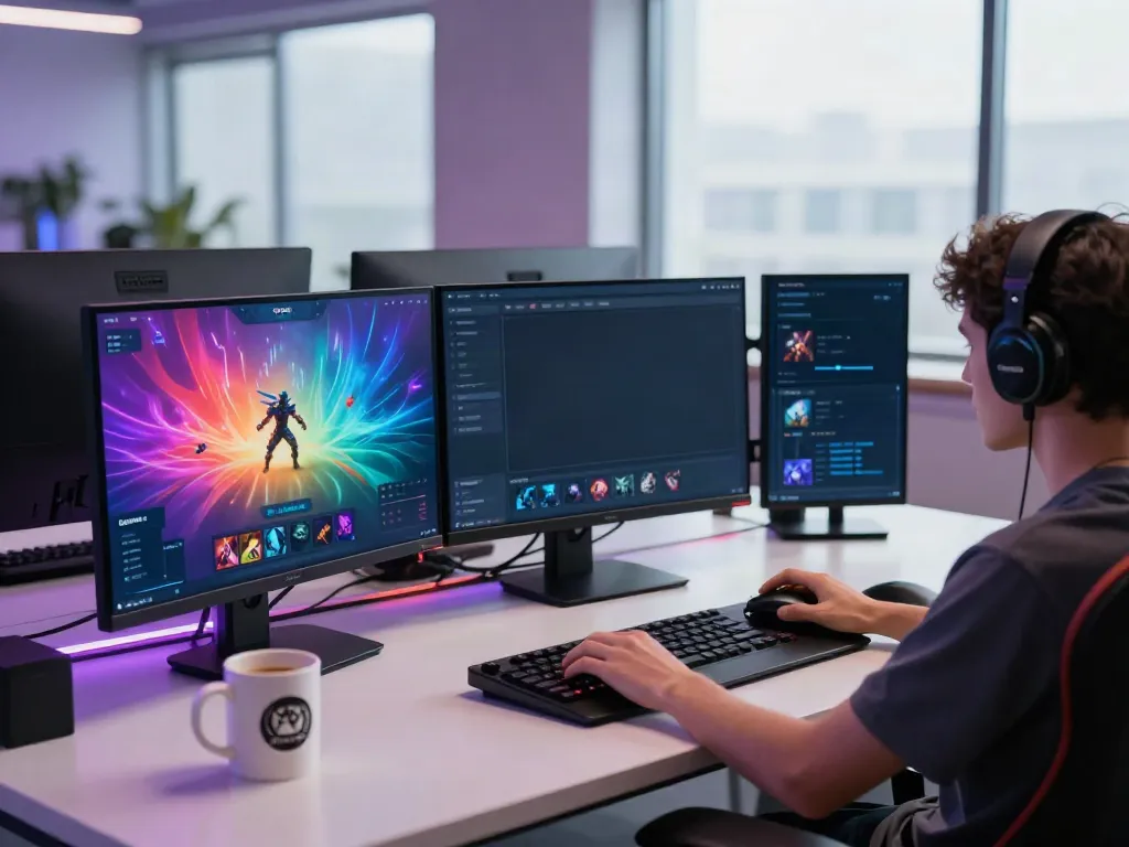 Interactive QQMacan gaming dashboard in a modern workspace setting.