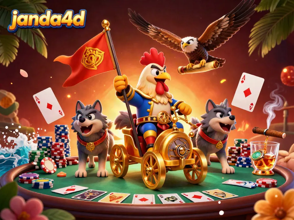 JANDA4D menawarkan pengalaman bermain judi yang seru dengan ilustrasi perang chariot dan elemen poker.