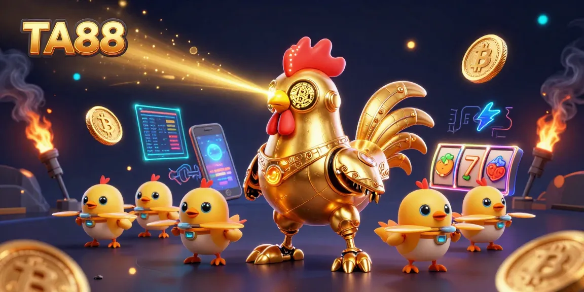 Engage with TA88's exciting gaming experience featuring a golden rooster battling shining coins.