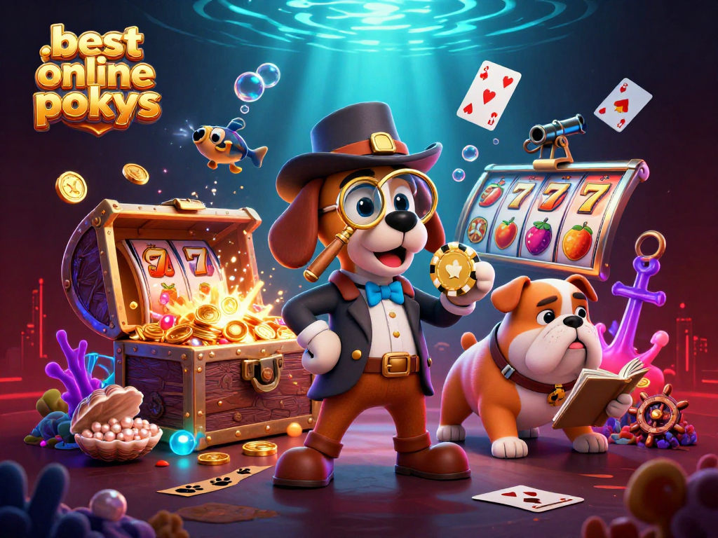 Join the best online pokies adventure with a detective and his bulldog uncovering treasure in a vibrant casino scene.