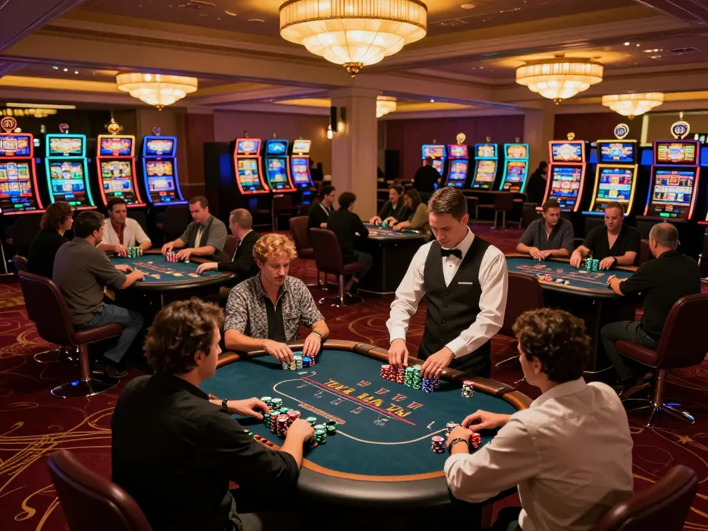 Players enjoying a lively poker game at GK88 casino, illuminated by cozy ambient lighting and surrounded by colorful chips.