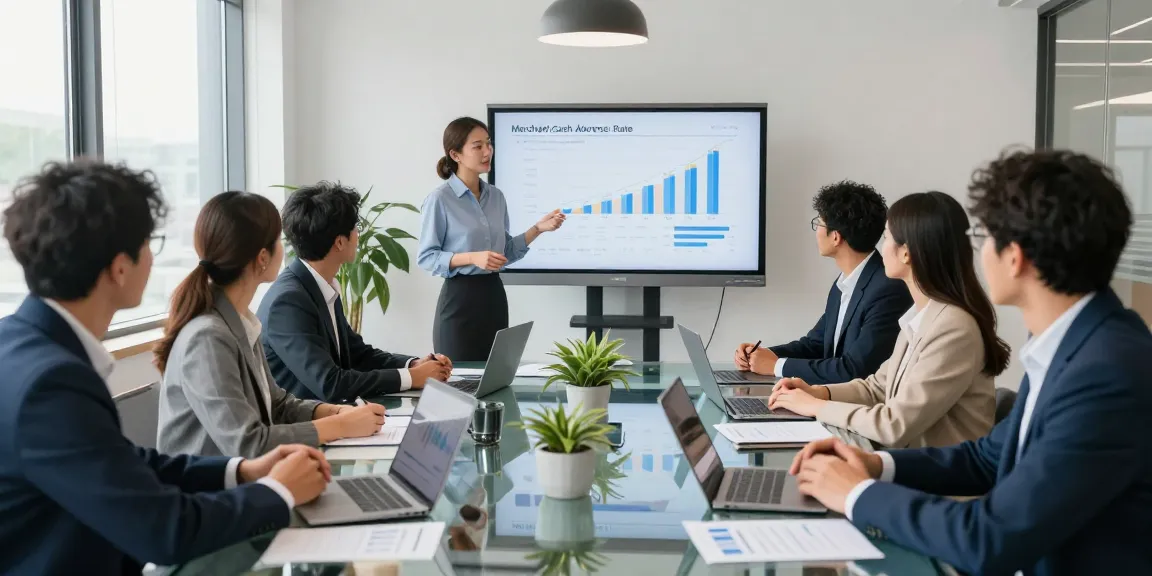 Team discussing merchant cash advance rates in a modern office setting, with data charts and laptops.