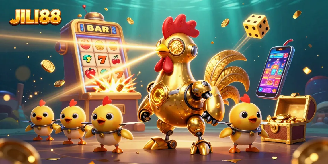 Engage with JILI88's vibrant casino scene featuring a golden rooster robot, slot machine, and floating lucky symbols.