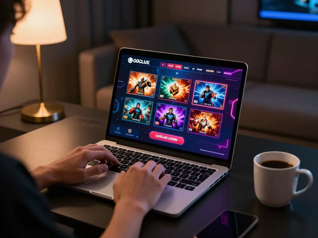 Engaging in LGOLUX LOGIN on a laptop in a stylish home setting, showcasing vibrant casino games.