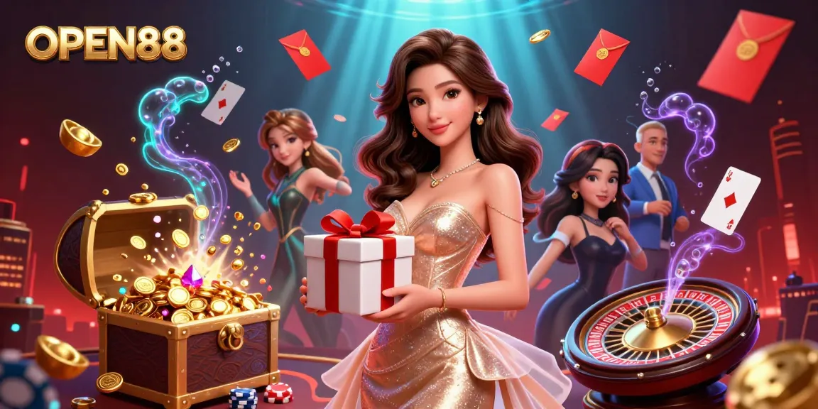 Win exciting rewards at OPEN88 with a vibrant casino scene featuring festive elements.