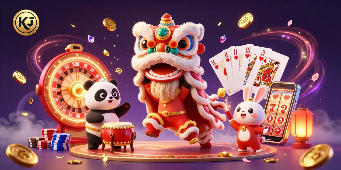 KJ C players celebrate with a vibrant digital illustration of a lion dance surrounded by casino elements.
