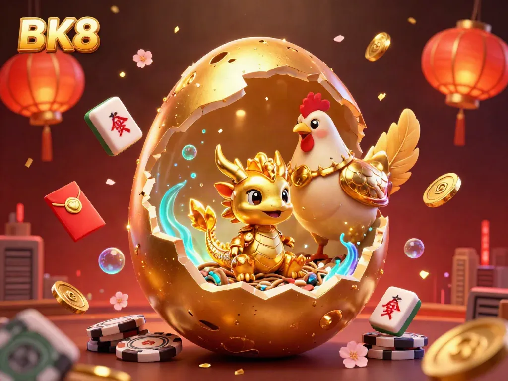 Experience the excitement of BK8 with a golden dragon revealing treasures in a vibrant casino atmosphere.
