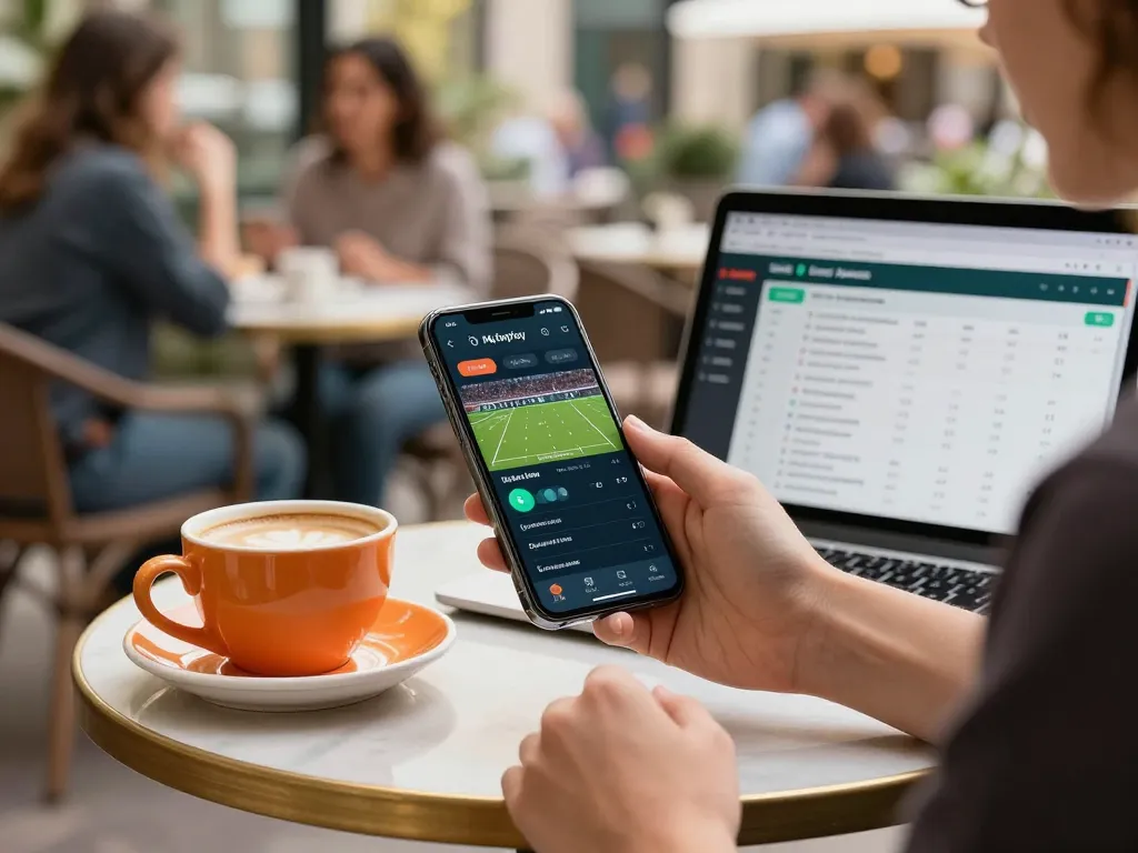 Using the Myfairplay app for live betting in a café, surrounded by lively atmosphere.