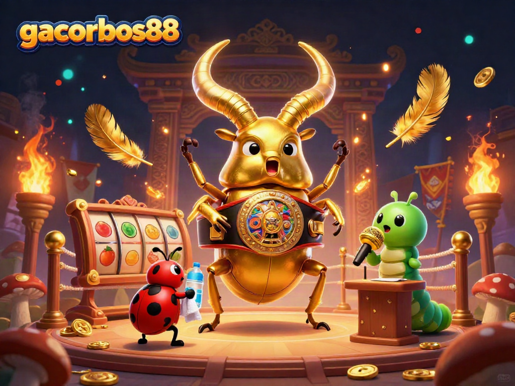 Experience thrilling slots at gacorbos88 with a golden stag beetle boxing champion, ladybug corner-man, and vibrant casino elements.
