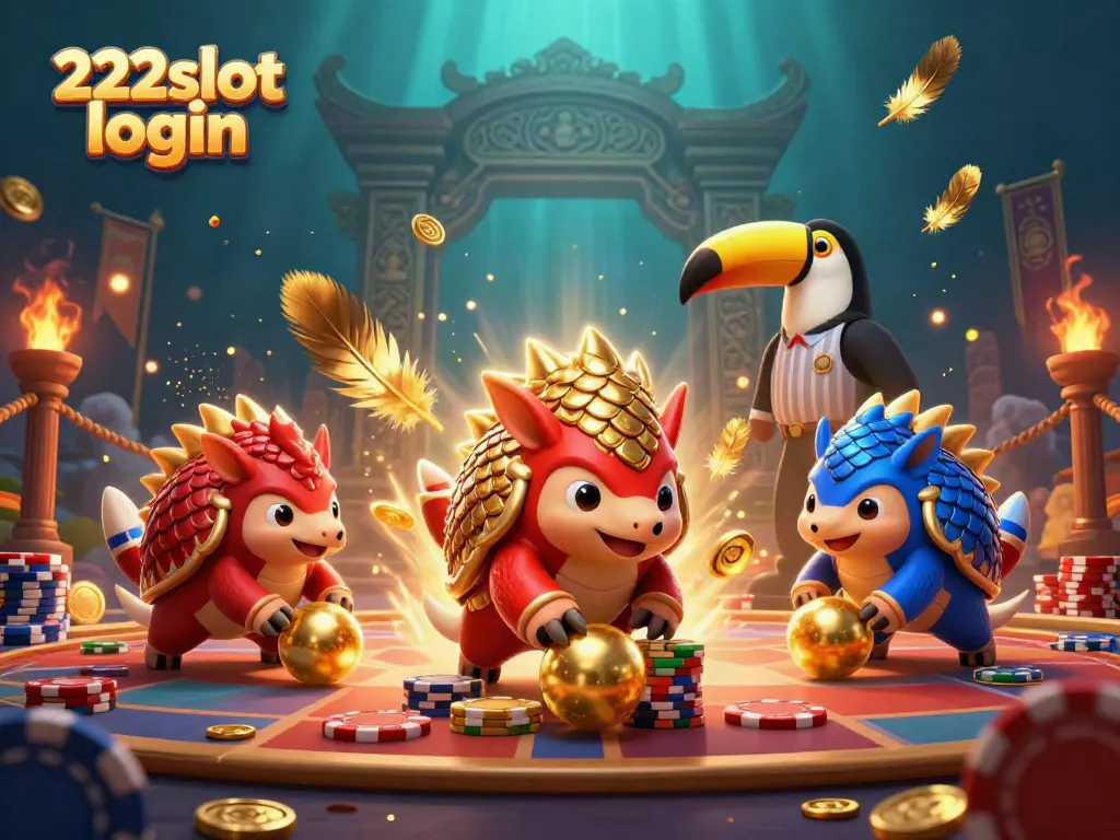 Visualisasi menarik saat login ke 222slot dengan pangolin yang bersaing dan suasana keceriaan permainan.