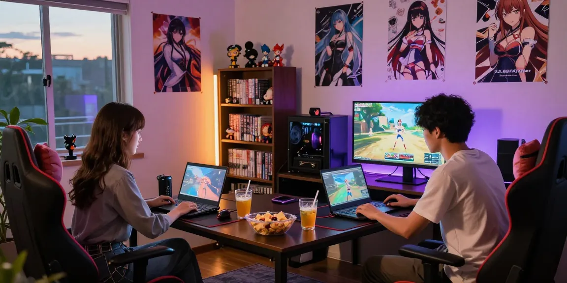 Players enjoying hentai games in a cozy gaming room, showcasing snacks, posters, and an immersive atmosphere.