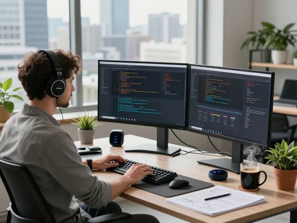 快连 software engineer coding in a modern workspace, showcasing connectivity and productivity.