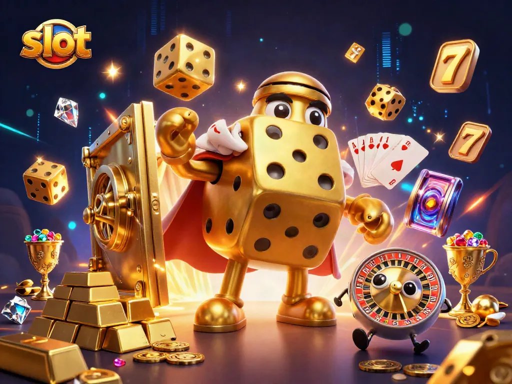 Menangkan slot dengan karakter dadu emas dan elemen permainan yang kaya, di tengah cahaya emas.