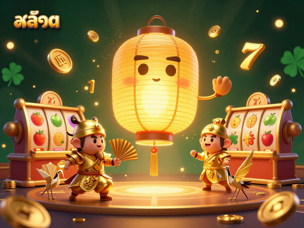 Experience thrilling สล็อต spins with a glowing golden lantern spirit flanked by lucky symbols.