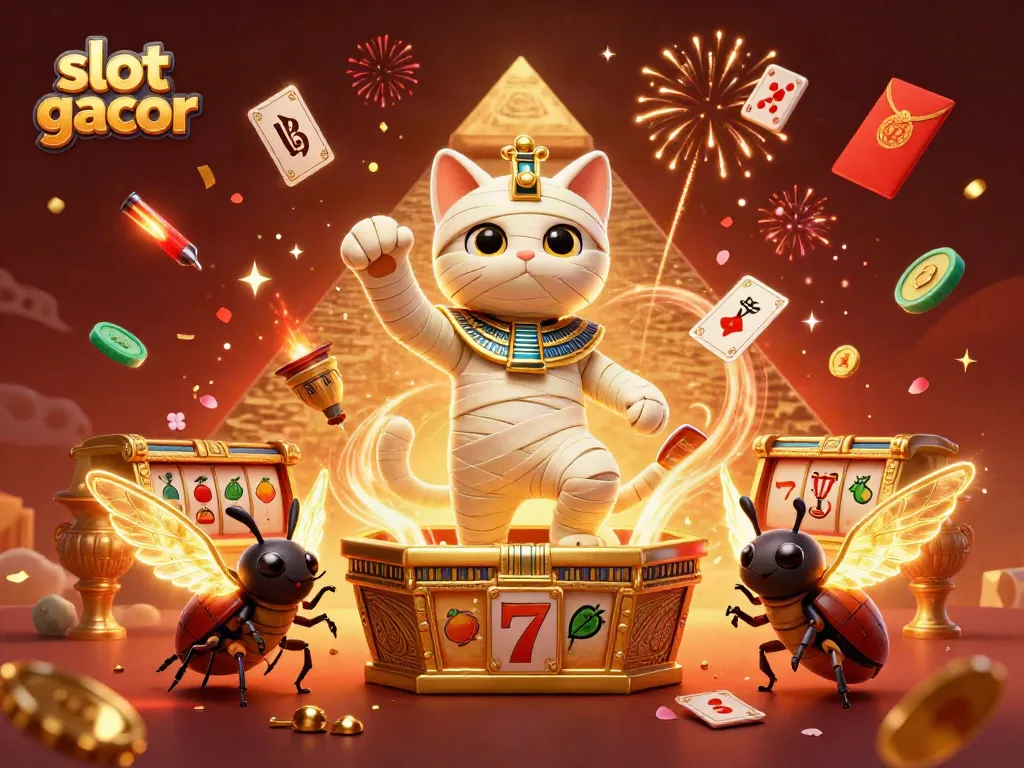 Engage in thrilling slot gacor gameplay with a vibrant 3D mummy cat and casino elements.