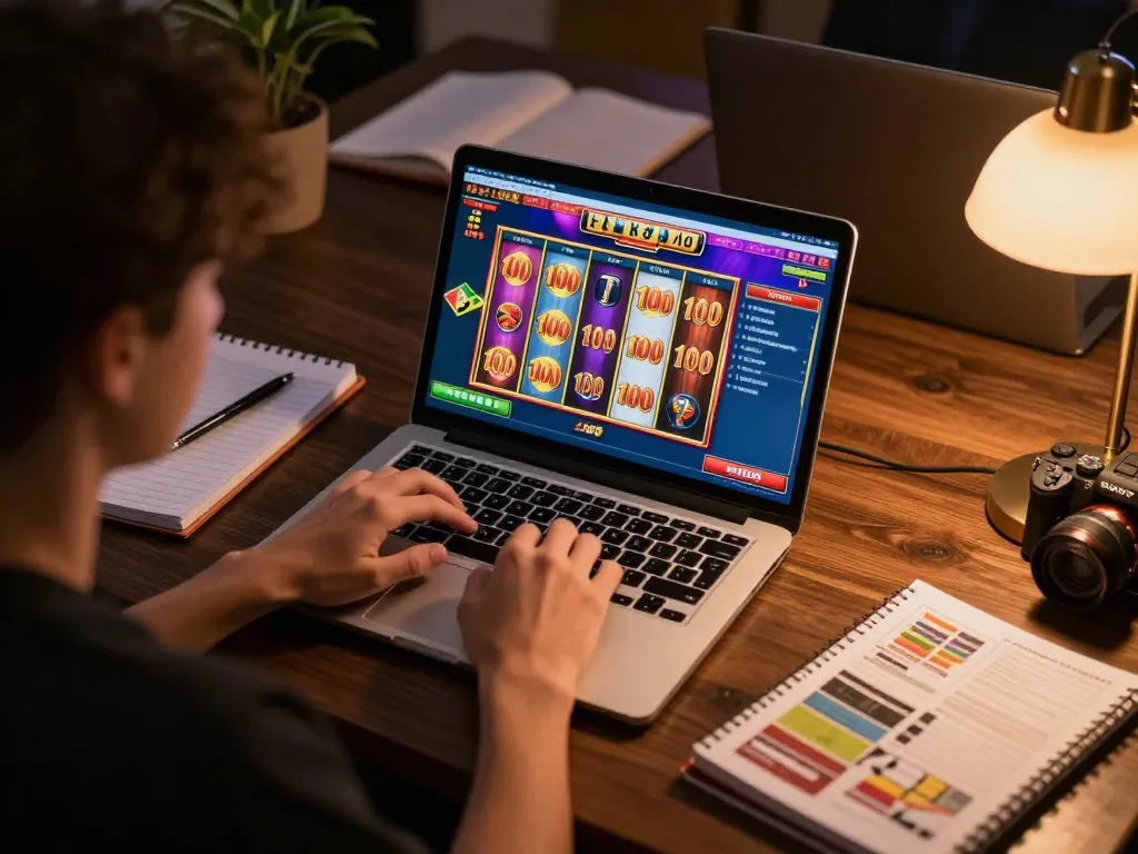 Engaging with slot bet 100 online on a laptop during a cozy gaming session.